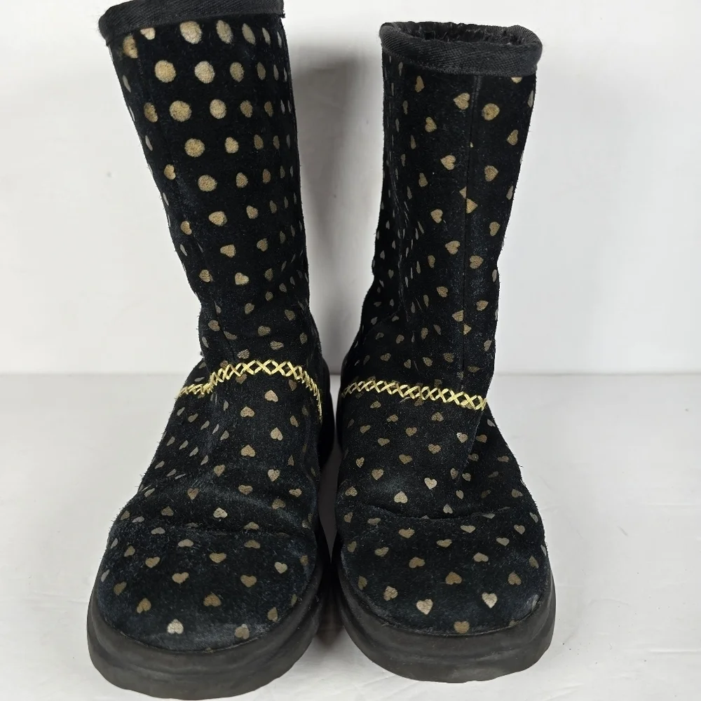 UGG I Heart Girls Black Suede Boots With Gold Hearts/Gold Rope Detail Size 3